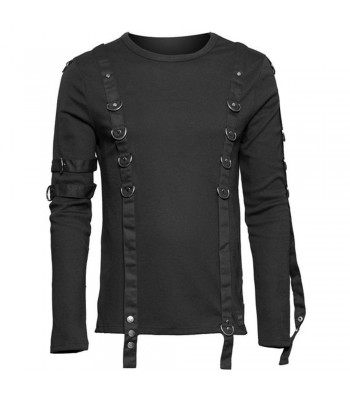 Men Gothic Shirt D-Ring Straps Long Sleeve Shirt Black Cotton Shirt